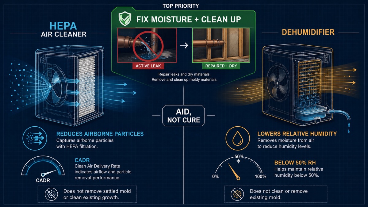 Comparison illustration showing a HEPA air cleaner capturing particles and a dehumidifier removing moisture