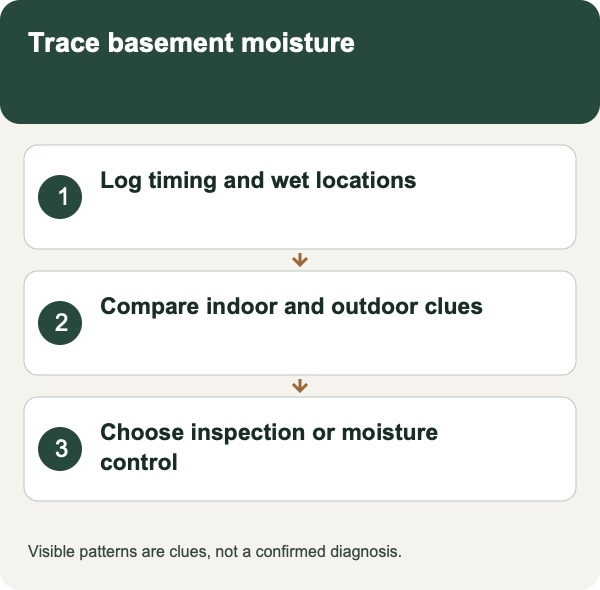 Trace basement moisture: Log timing and wet locations; Compare indoor and outdoor clues; Choose inspection or moisture control. Visible patterns are clues, not a confirmed diagnosis.