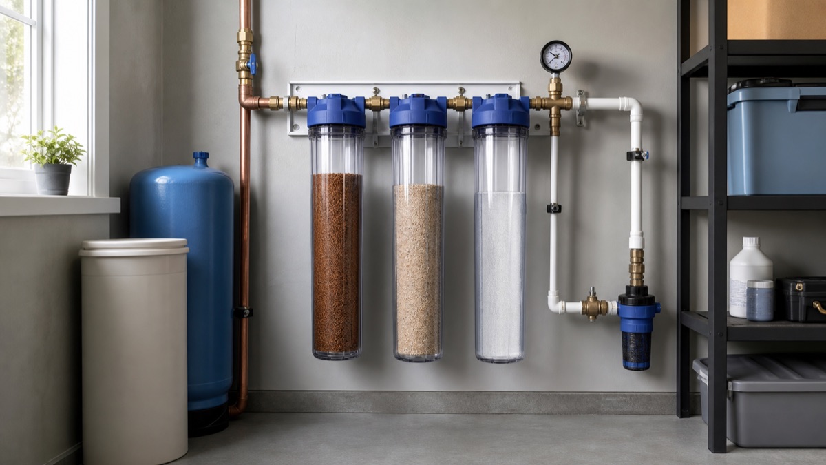 Editorial view illustrating best sediment filter micron size for well water in a clean residential utility setting