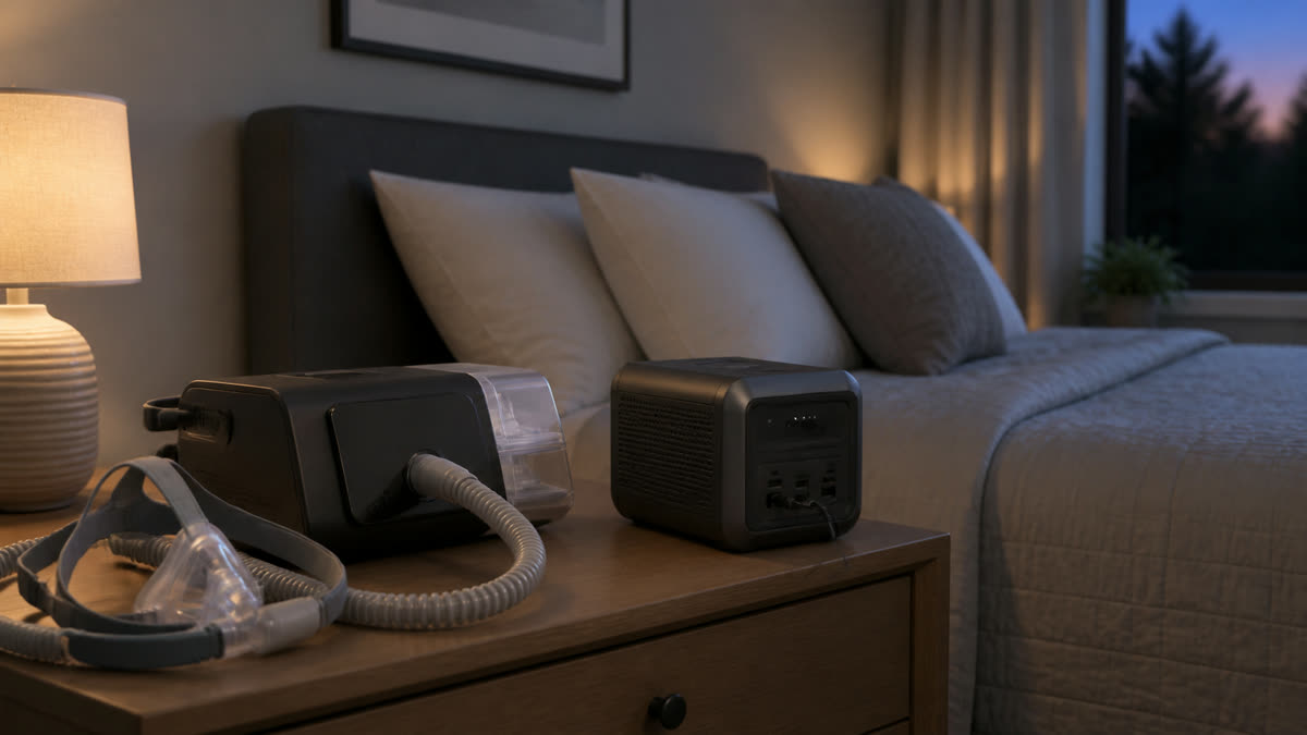 Unbranded CPAP machine, mask, hose, and compact backup battery arranged on a calm bedside table
