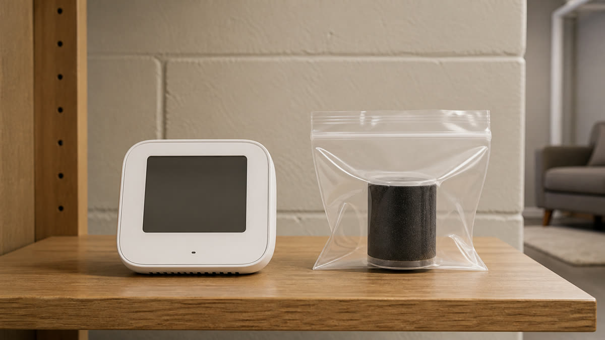 Unbranded digital radon monitor and sealed charcoal radon test kit compared in a basement testing location