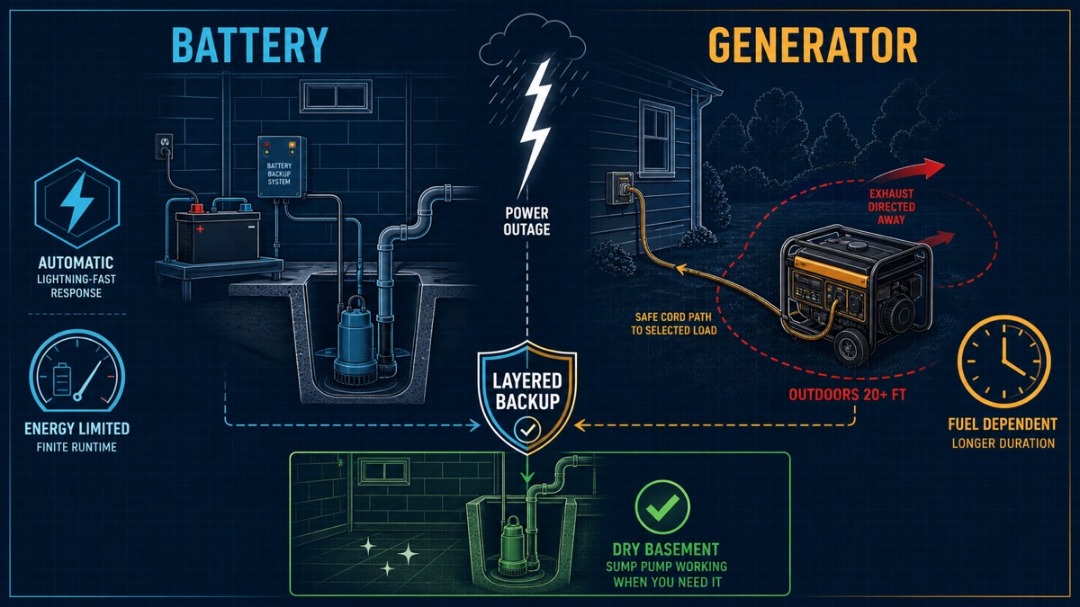 Split technical illustration comparing automatic sump battery backup with an outdoor generator power path