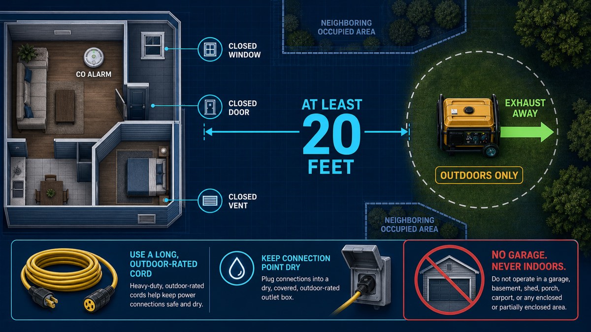 Outdoor generator placement diagram marking a 20-foot clearance from a home with exhaust pointed away