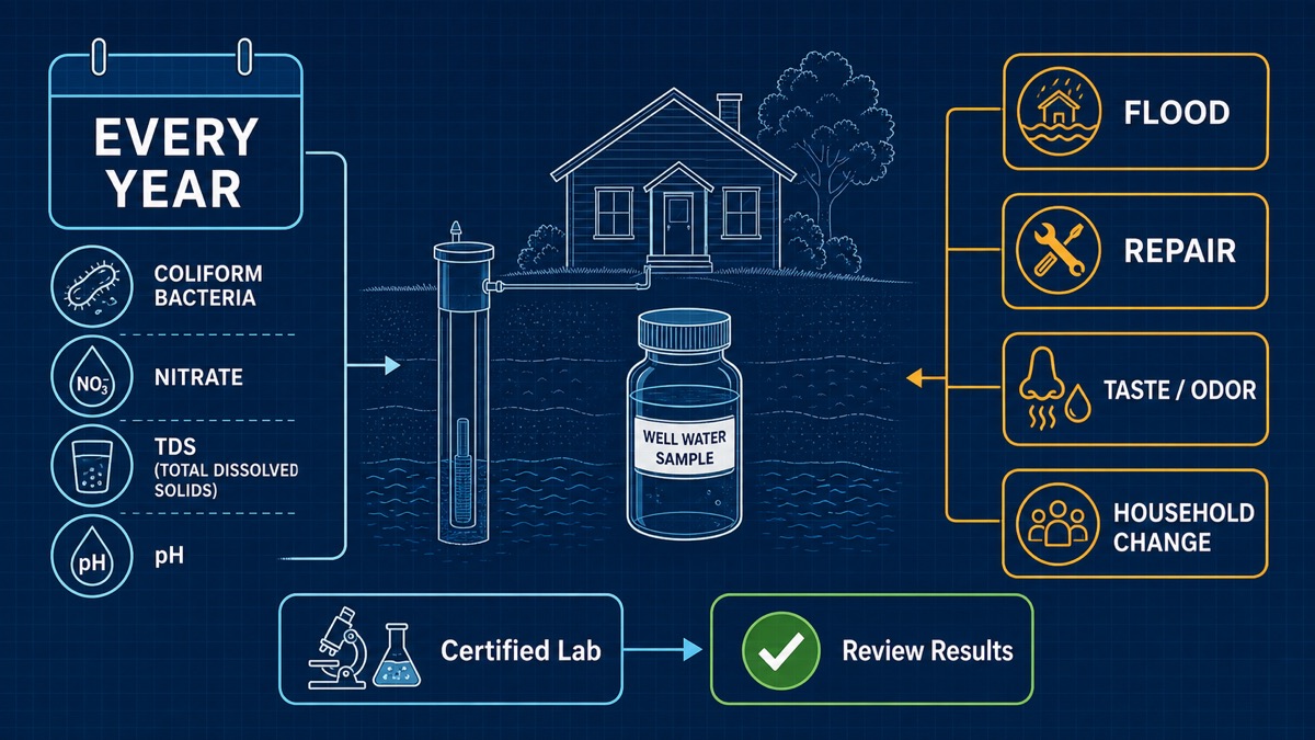 Private well owner organizing annual and event-triggered laboratory water tests on a clear calendar