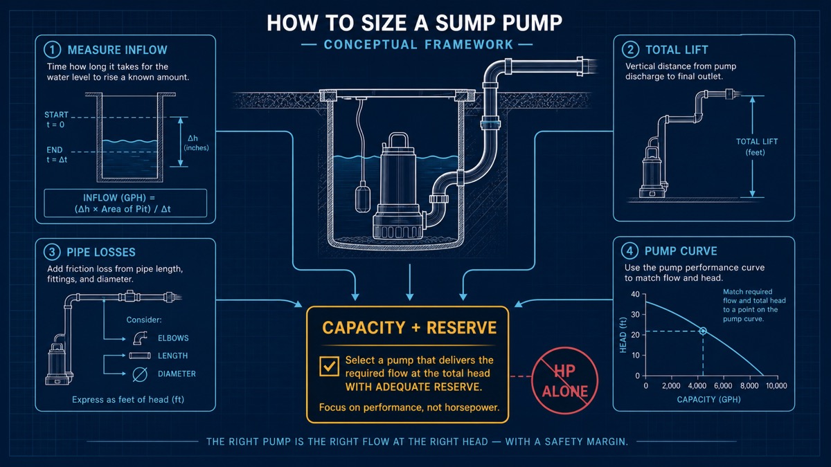 Technical sump pump sizing diagram comparing pit inflow, vertical lift, pipe route, and flow curve