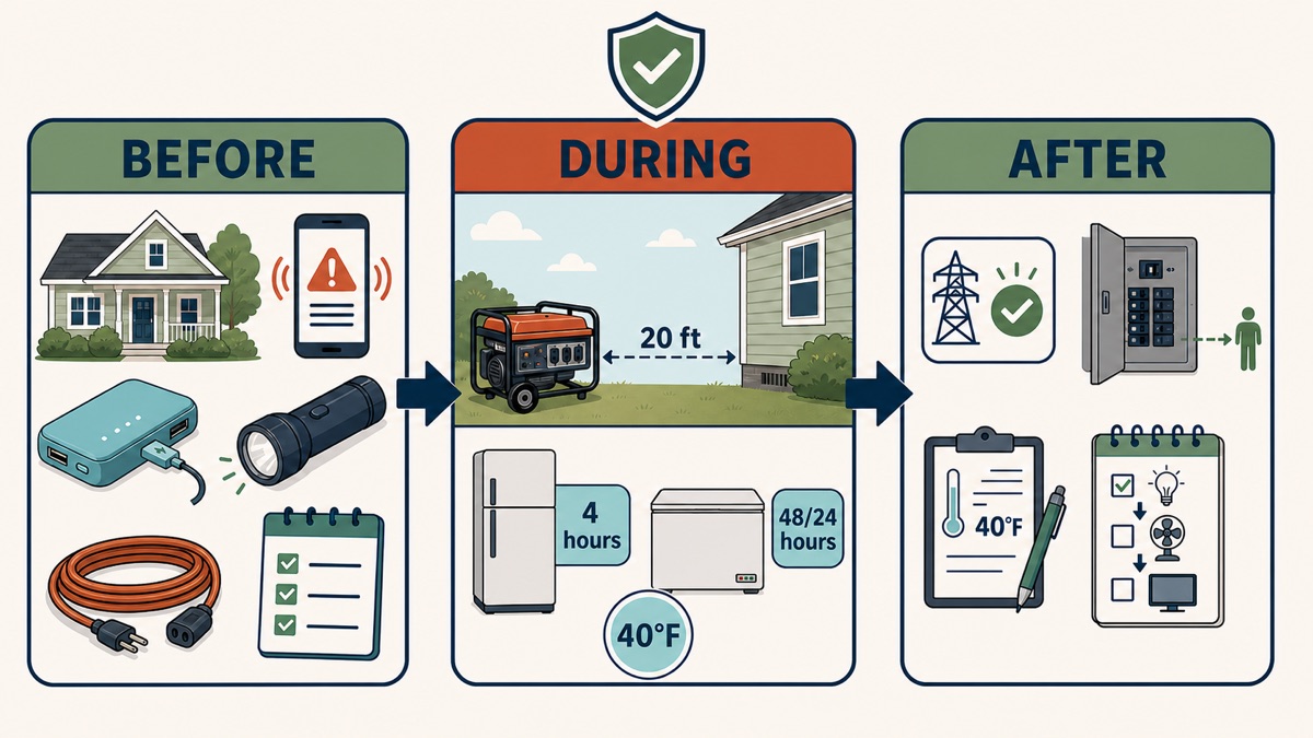 Three-stage hurricane outage checklist showing preparation, safe backup power, food protection, and controlled restoration