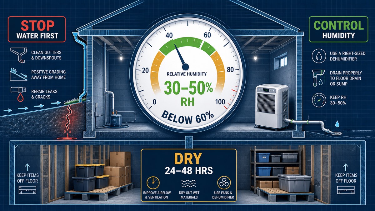 Basement humidity control dashboard showing a hygrometer, drainage repair, airflow, and a dehumidifier