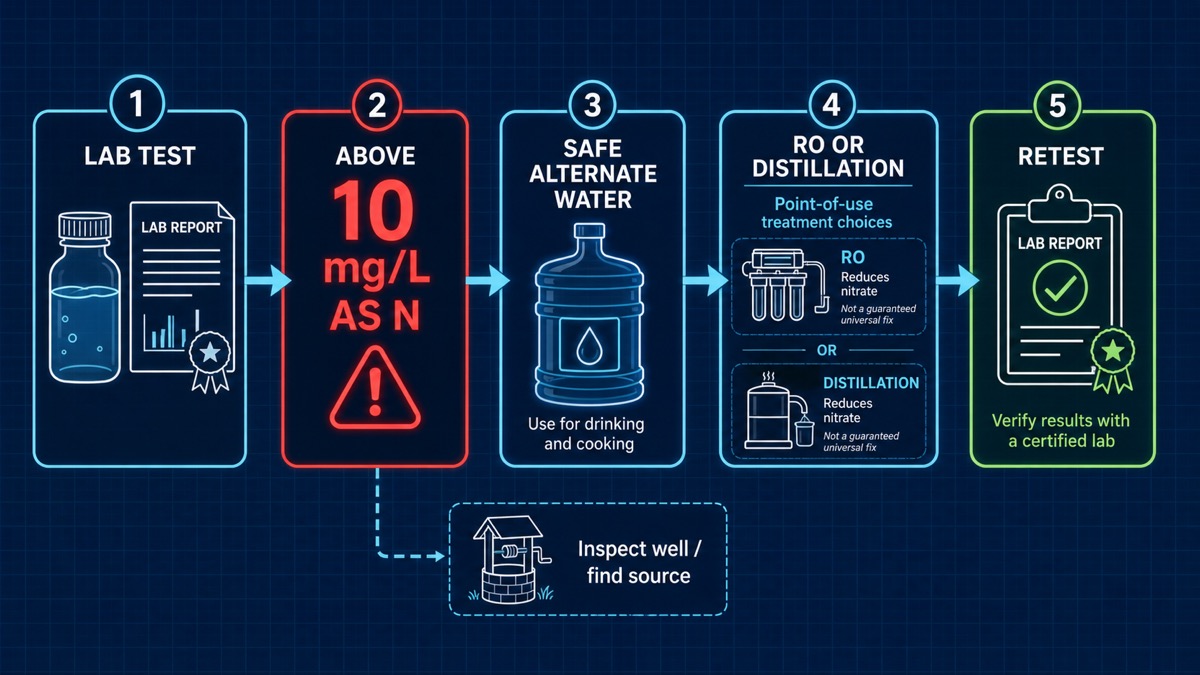 Well-water nitrate decision graphic linking a laboratory result to safe water, treatment selection, and retesting