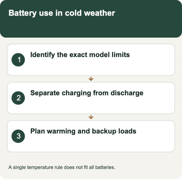 Battery use in cold weather: Identify the exact model limits; Separate charging from discharge; Plan warming and backup loads. A single temperature rule does not fit all batteries.