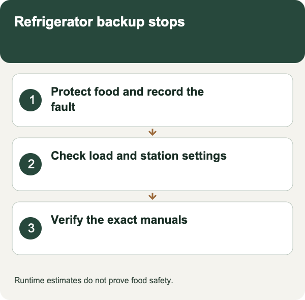 Refrigerator backup stops: Protect food and record the fault; Check load and station settings; Verify the exact manuals. Runtime estimates do not prove food safety.
