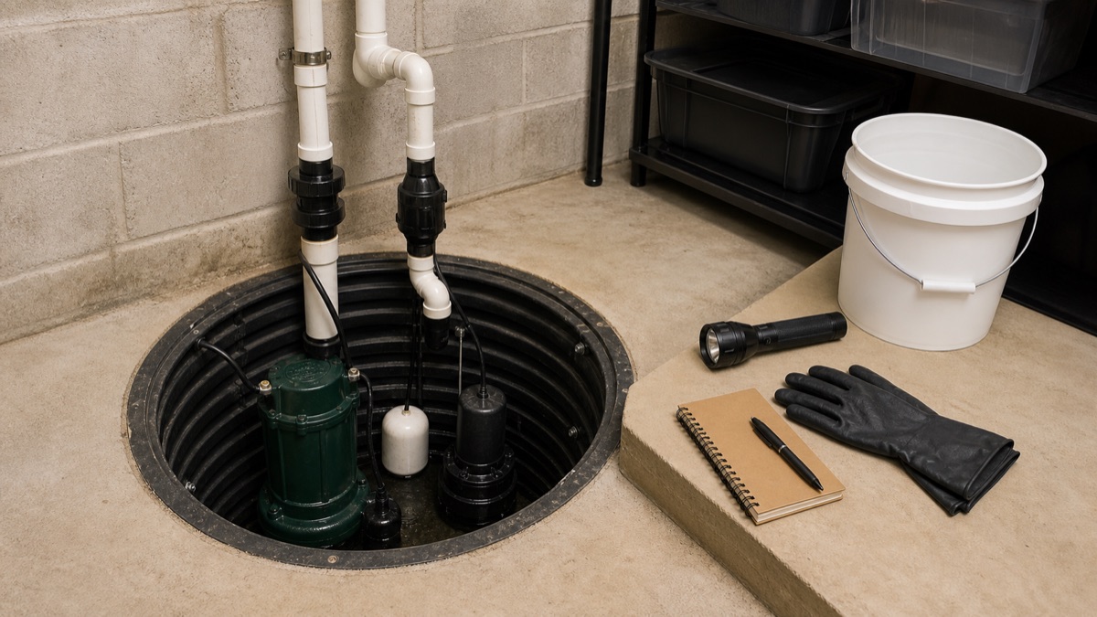 Editorial view illustrating primary and backup sump pump maintenance checklist in a clean residential utility setting