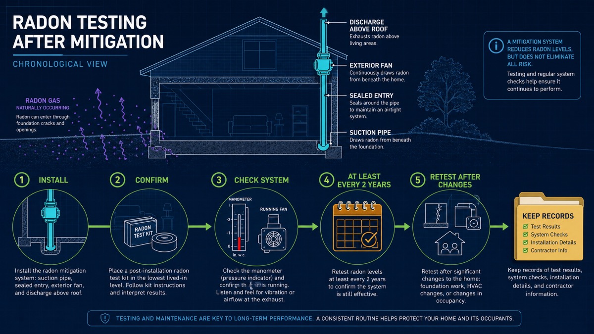 Radon mitigation verification timeline showing post-installation testing, warning-device checks, and two-year retesting