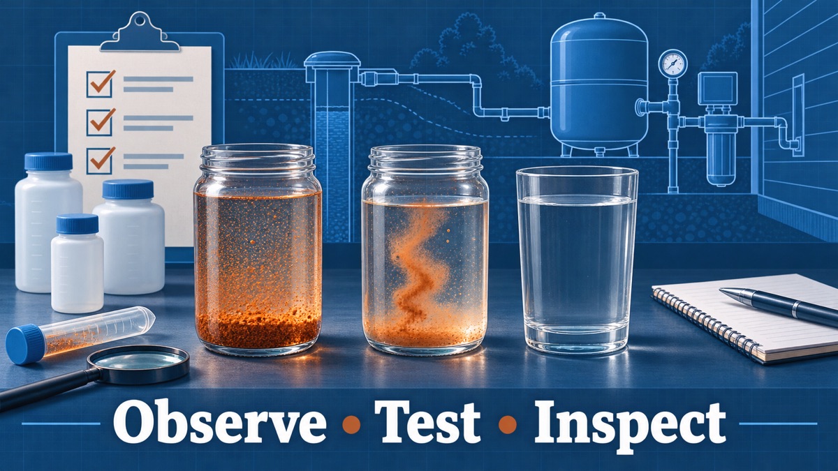 Clear private-well sample jars showing rust-colored particles settling beside labeled laboratory bottles and a neutral testing checklist