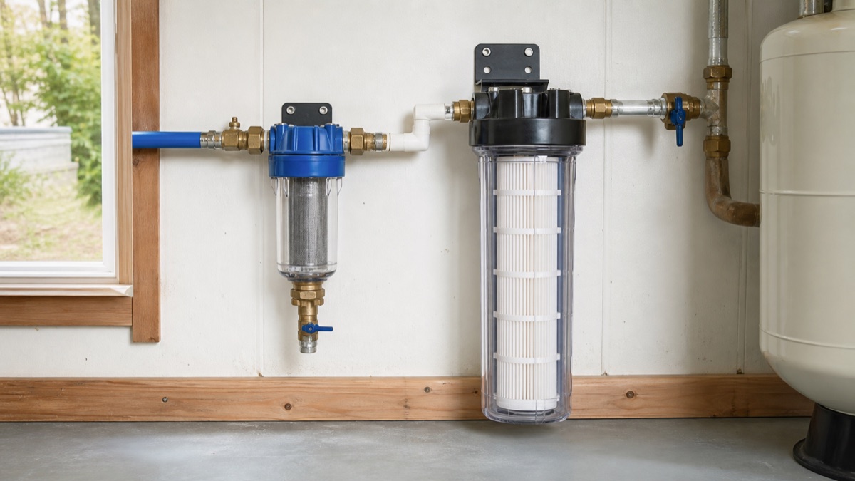 Editorial view illustrating spin-down vs cartridge sediment filter for private wells in a clean residential utility setting