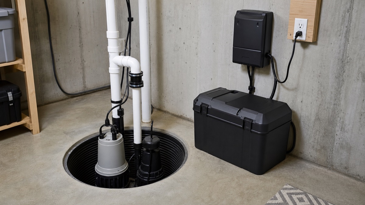 Editorial view illustrating how often should a sump pump backup battery be replaced? in a clean residential utility setting