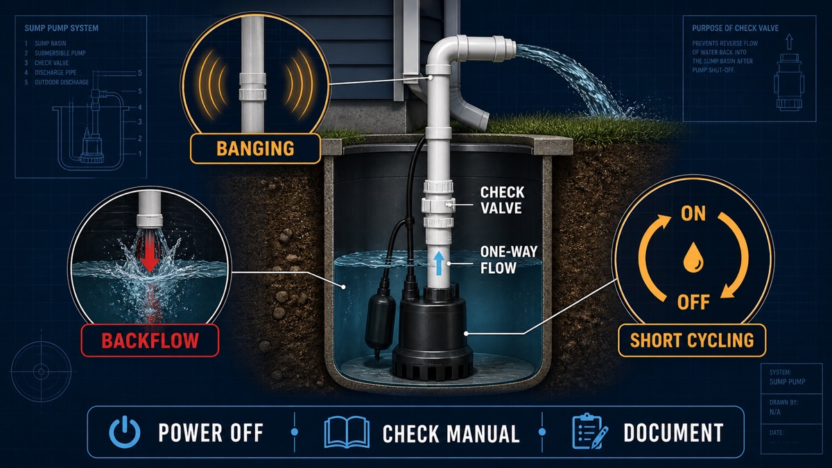 Sump pump discharge cutaway showing correct one-way check-valve flow and water returning toward the pit