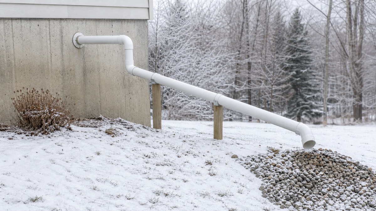 Editorial view illustrating how to keep a sump pump discharge line from freezing in a clean residential utility setting