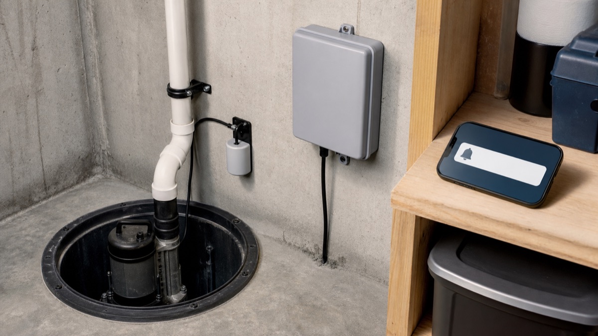 Editorial view illustrating sump pump high-water alarm: local, wi-fi, or cellular? in a clean residential utility setting