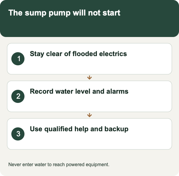 The sump pump will not start: Stay clear of flooded electrics; Record water level and alarms; Use qualified help and backup. Never enter water to reach powered equipment.