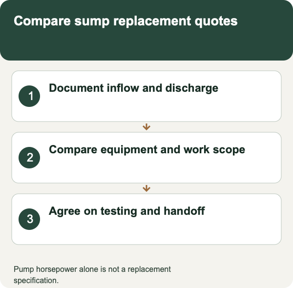 Compare sump replacement quotes: Document inflow and discharge; Compare equipment and work scope; Agree on testing and handoff. Pump horsepower alone is not a replacement specification.