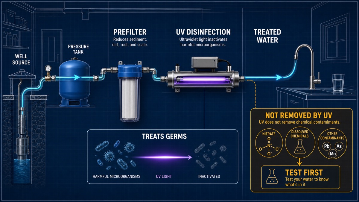 Cutaway technical illustration of well-water prefiltration followed by a UV disinfection chamber and sample tap