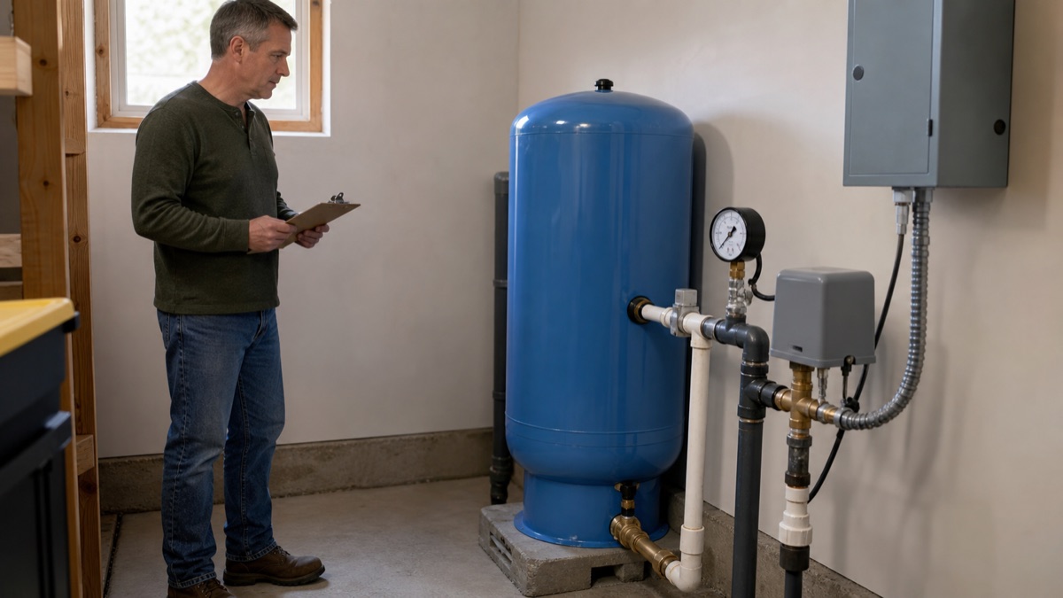 Editorial view illustrating well pump short cycling: pressure tank symptoms and next checks in a clean residential utility setting