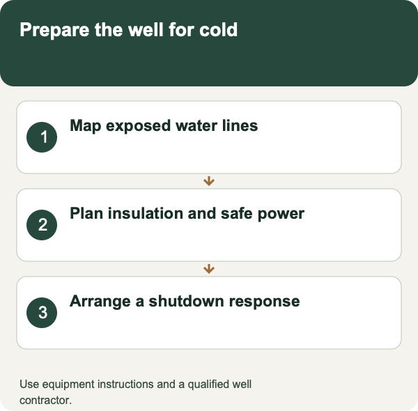 Prepare the well for cold: Map exposed water lines; Plan insulation and safe power; Arrange a shutdown response. Use equipment instructions and a qualified well contractor.