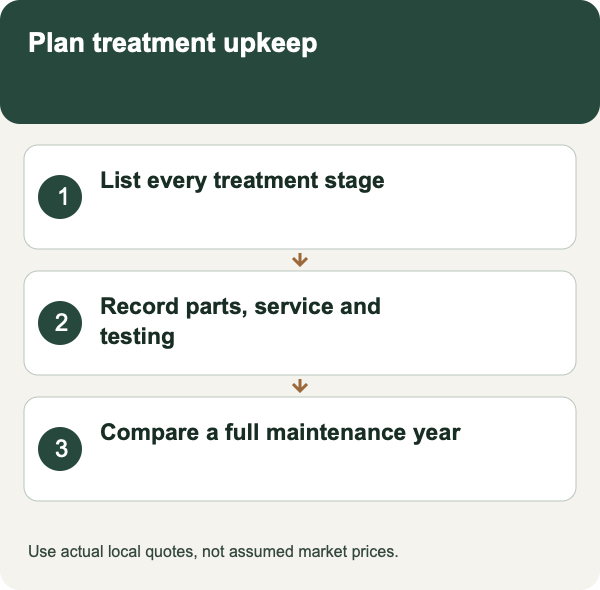 Plan treatment upkeep: List every treatment stage; Record parts, service and testing; Compare a full maintenance year. Use actual local quotes, not assumed market prices.