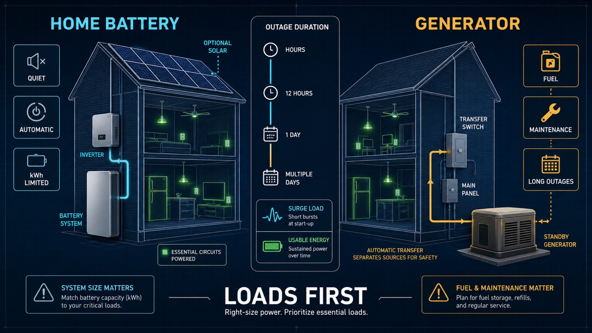 Split home energy diagram comparing a wall-mounted battery system with a safely located standby generator