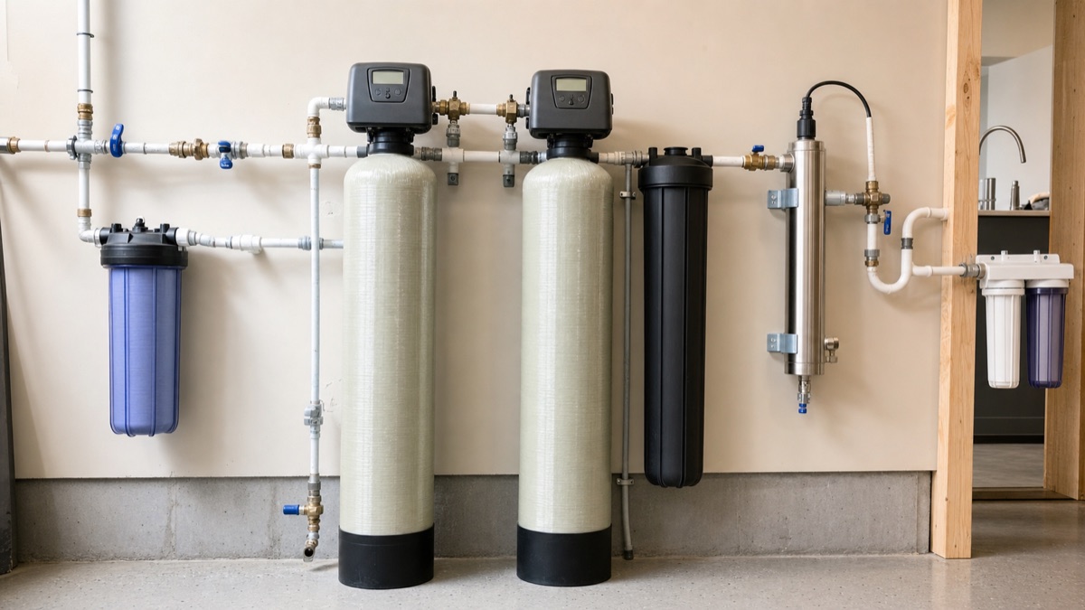 Editorial view illustrating whole-house well water filter order: sediment, iron, softener, uv, and ro in a clean residential utility setting