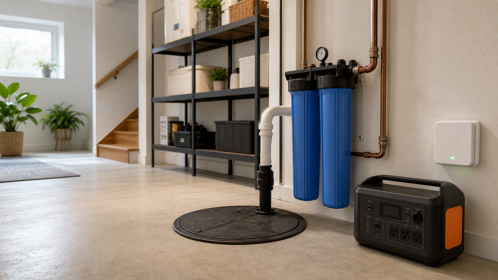 Home utility room with water filtration, sump backup, power station, and air monitor